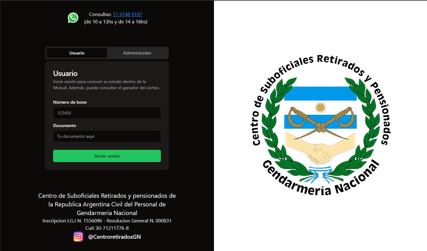 Panel de Administración y Sorteos para Mutual de Suboficiales Retirados de Gendarmería Nacional